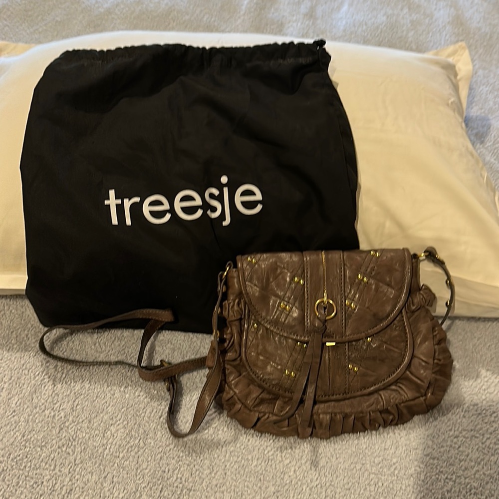 Treesje brown grey leather crossbody with metal stud detail